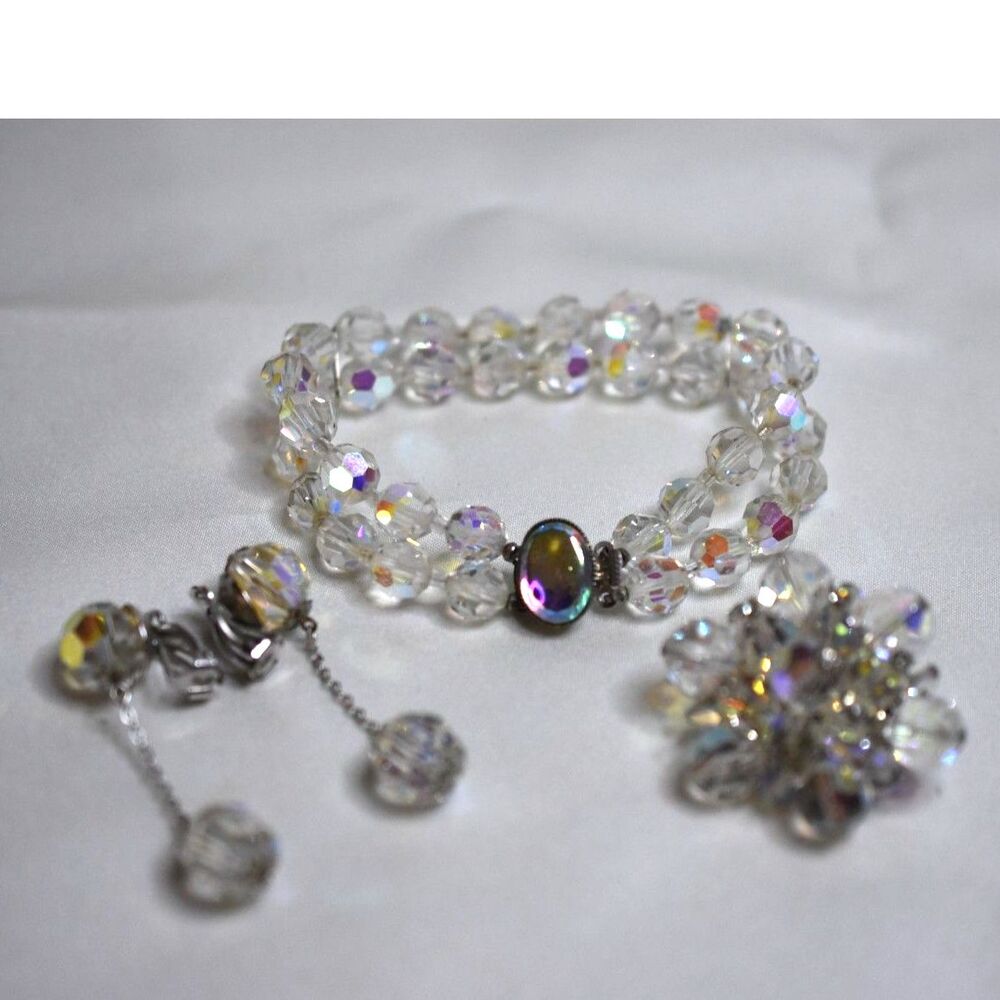 Vtg Aurora Borealis Lewis Segal 2" Dangle Clip Earrings 6" Bracelet 1.5" Brooch